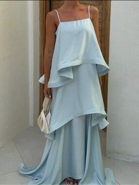 Elegant Light Blue Layered Maxi Dress with Spaghetti Straps